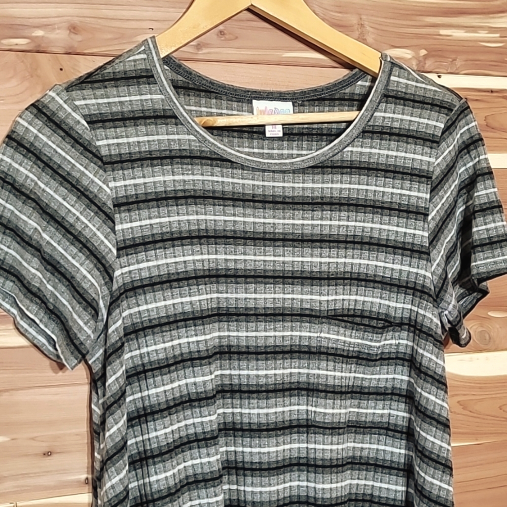LuLaRoe Carly Dress, Size M, Black, Grey, & White Horizontal Stripes